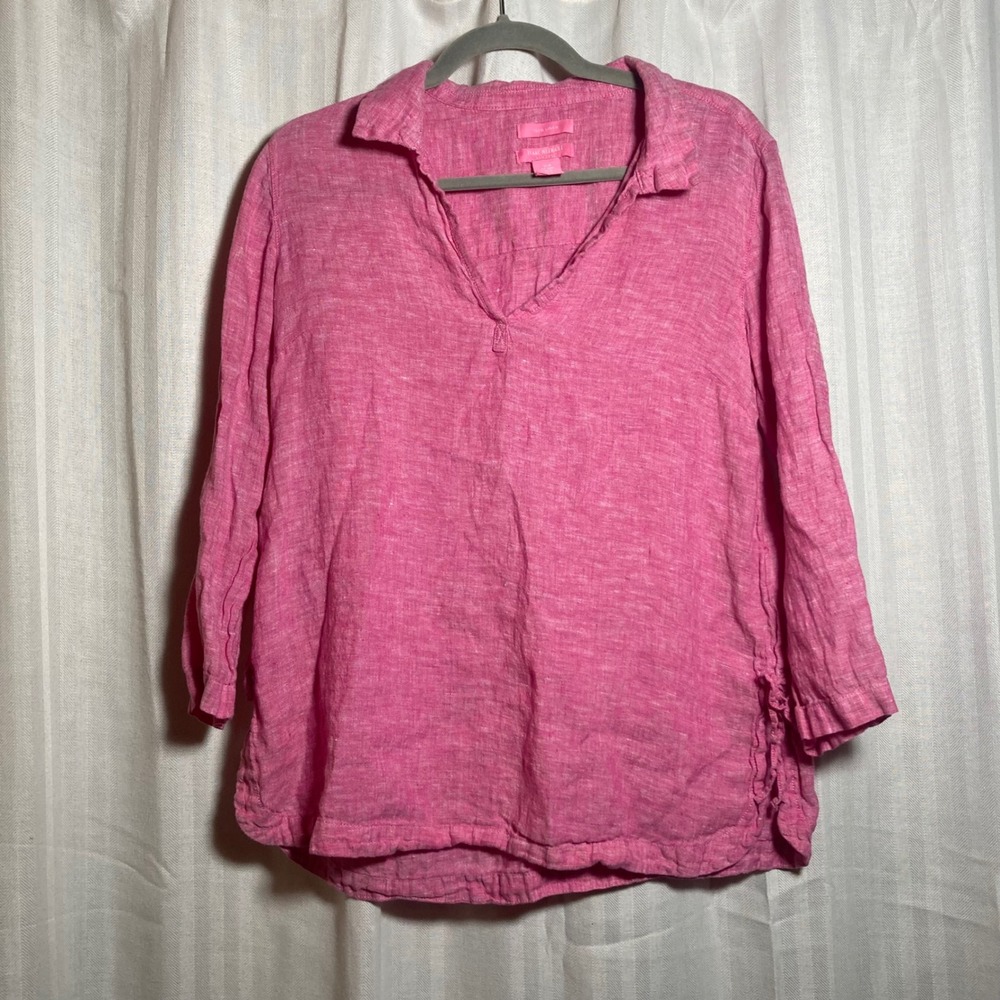 Isaac Mizrahi New York Pink 100% Linen Tunic Top 3/4 Sleeve Ruffle Side Vent M